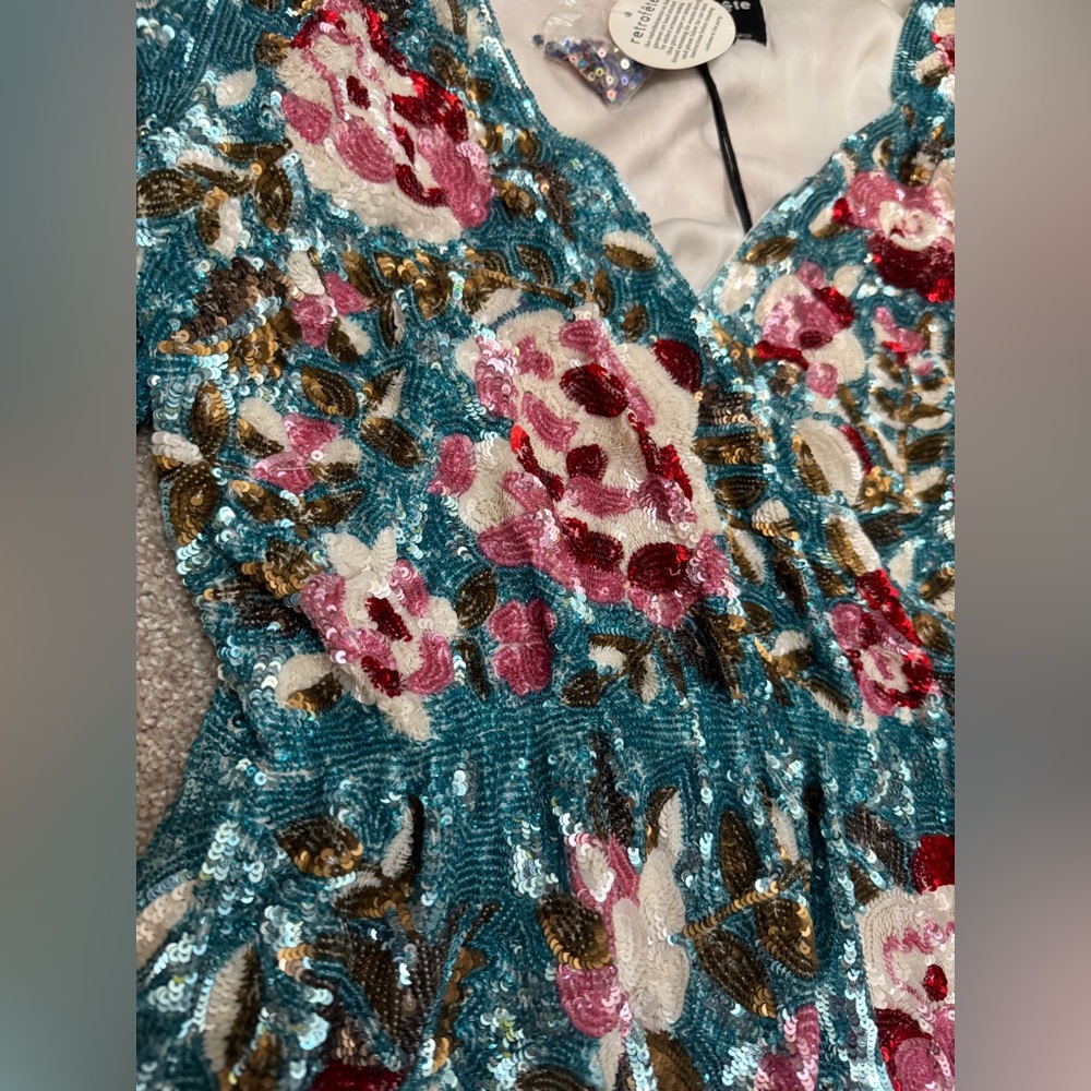 Retrofete Blue Floral Pattern Sequin Embellished Crepe Wrap Dress S - NWT - Picture 7 of 15